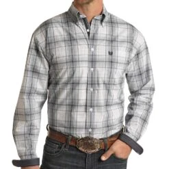 Panhandle Men's Navy Dobby Plaid Long Sleeve Button Down