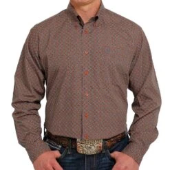 Cinch Men's Orange And Grey Print Button-Down