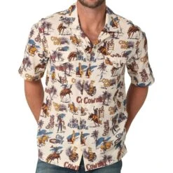 Wrangler Men's Coconut Cowboy Poster Print Short Sleeve Button Down