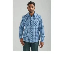 Wrangler Mens Wrinkle Resist Long Sleeve Western Snap Shirt Blue Plaid