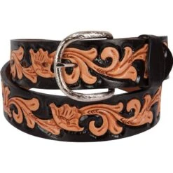 Double J Hand-Tooled Floral Black Dyed Belt